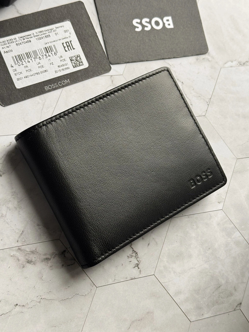 BOSS Bifold Black leather Wallet with Coin Pocket Style Big BB- 4cc Coin