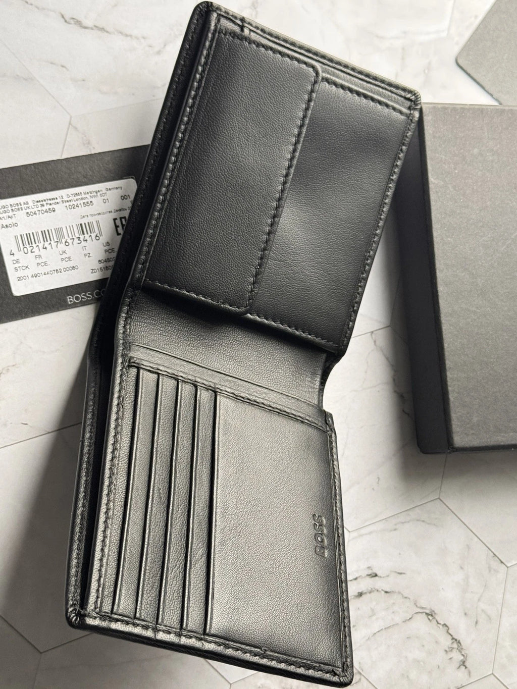 BOSS Bifold Black leather Wallet with Coin Pocket Style Big BB- 4cc Coin
