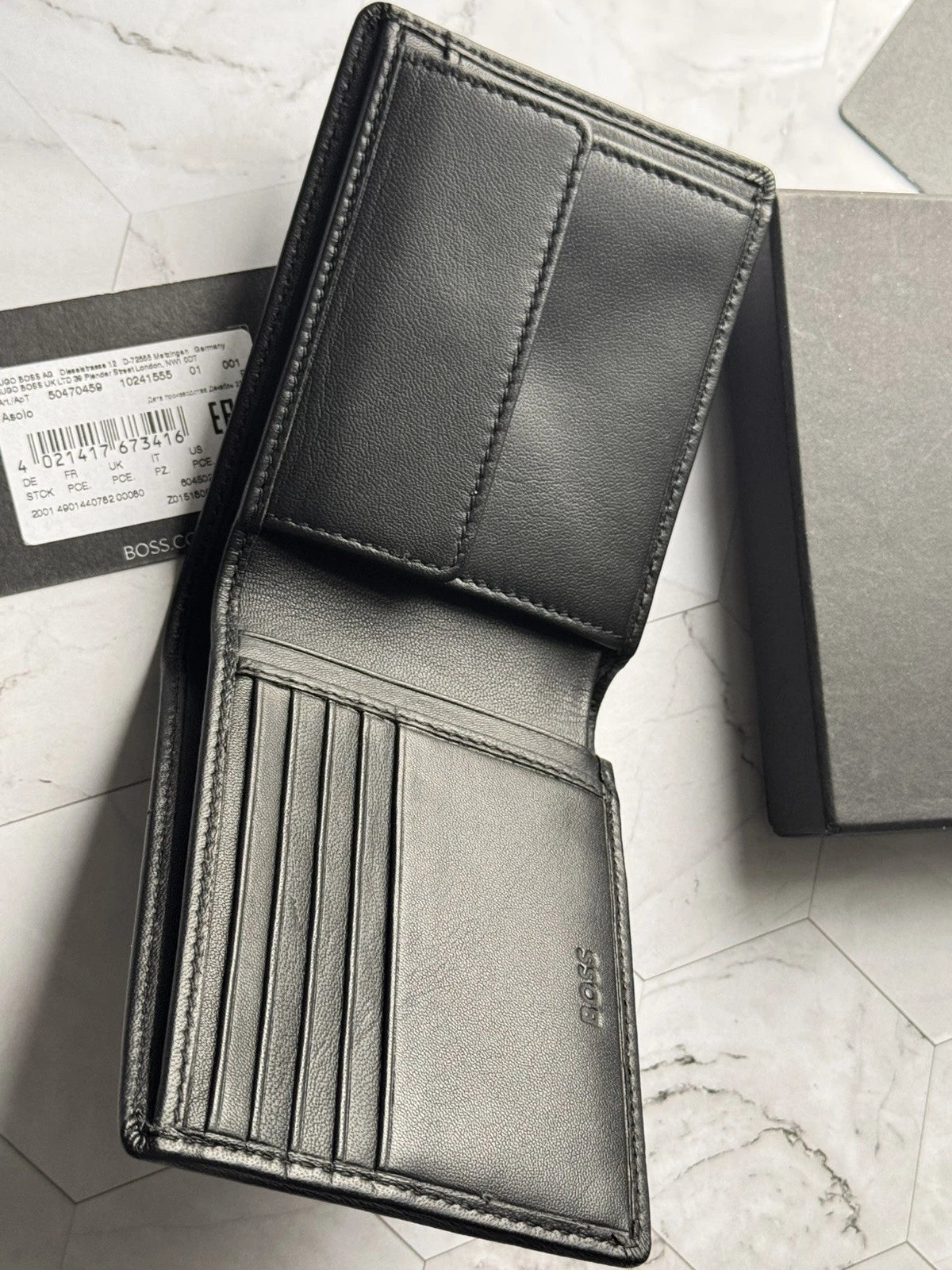 BOSS Bifold Black leather Wallet with Coin Pocket Style Big BB- 4cc Coin