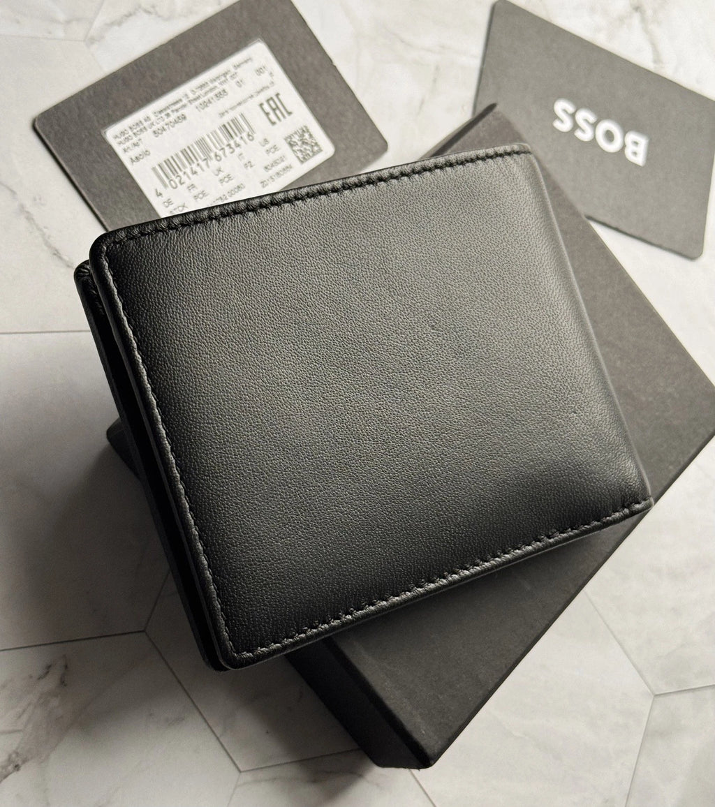BOSS Bifold Black leather Wallet with Coin Pocket Style Big BB- 4cc Coin